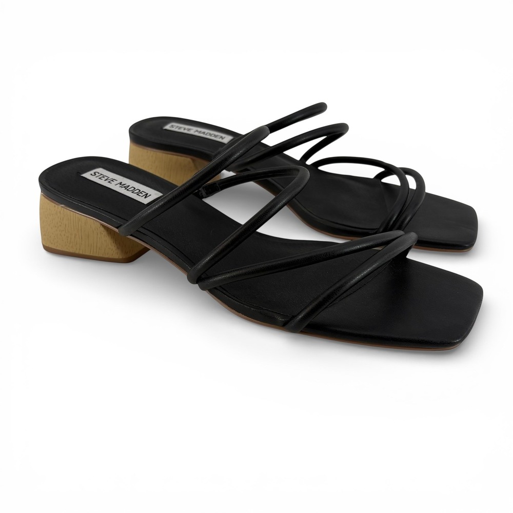 Steve‎ Madden Alani Black Block Heel Sandals Square Toe Wood Grain Heel Size 8